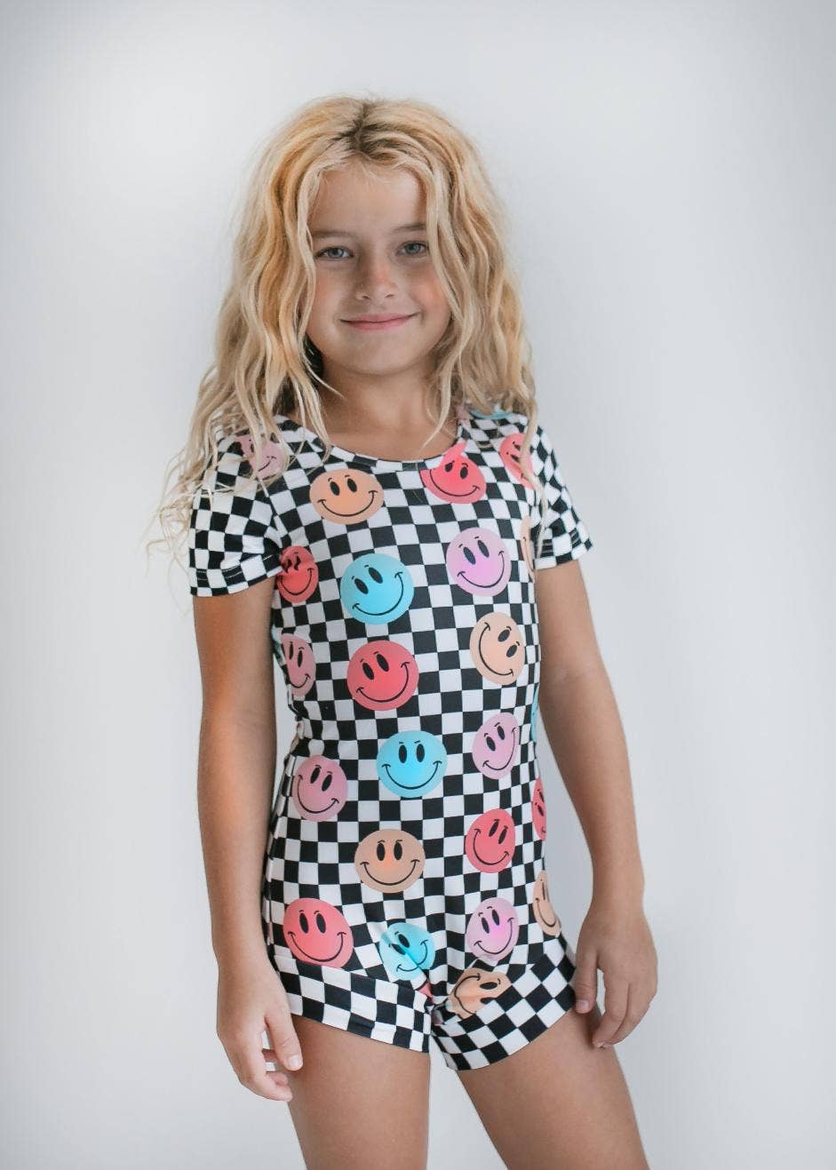 Kids Retro Smiley Face Checkered Leotard
