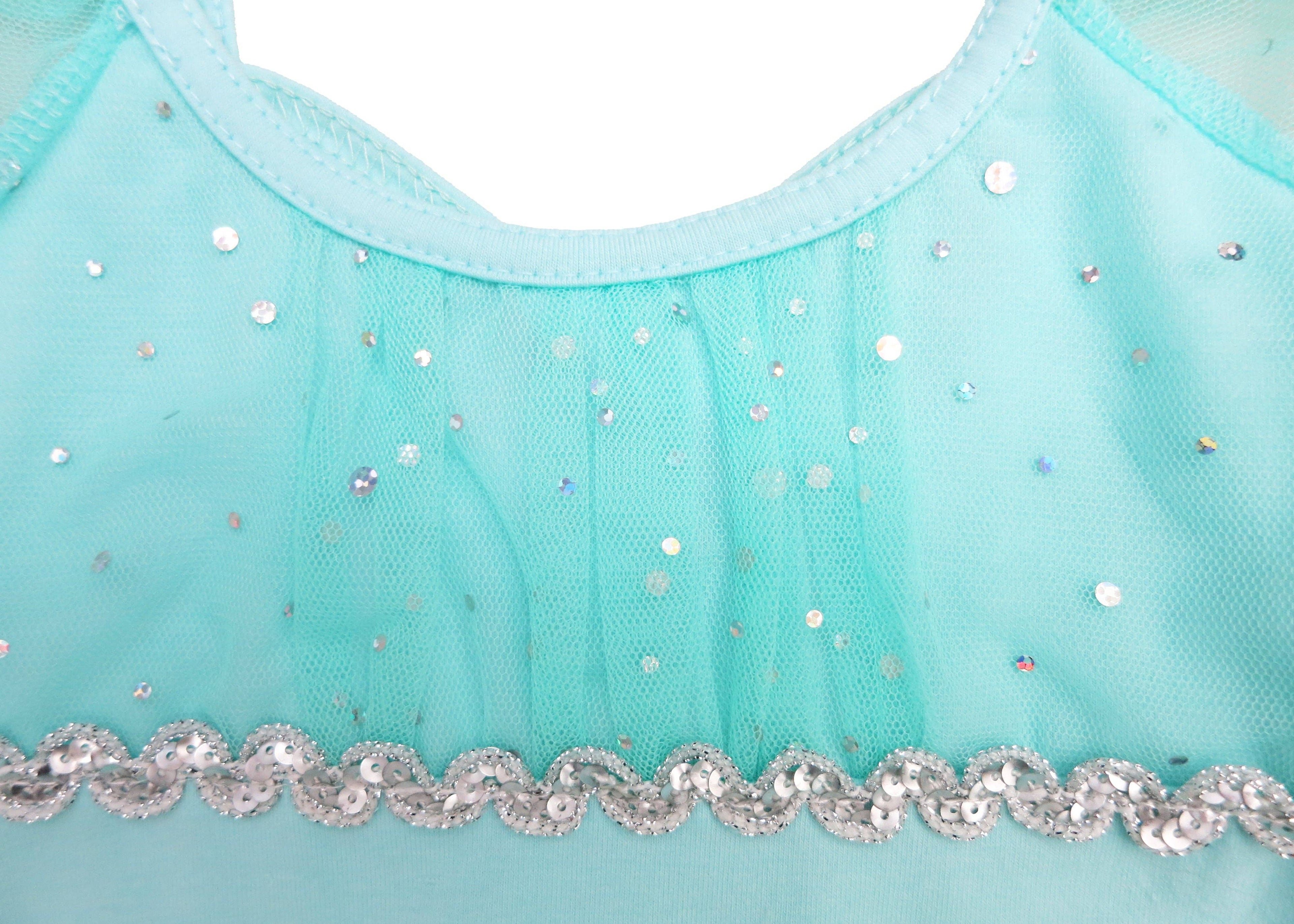 Teal Rhinestone Silver Trim Bow Ballet Dress