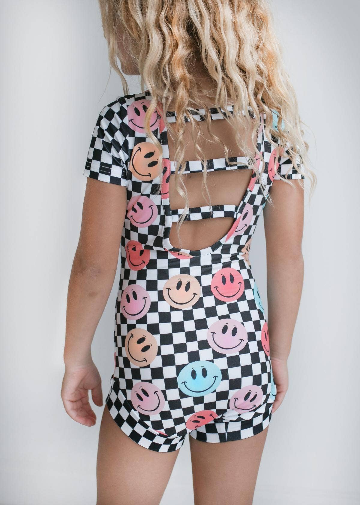 Kids Retro Smiley Face Checkered Leotard