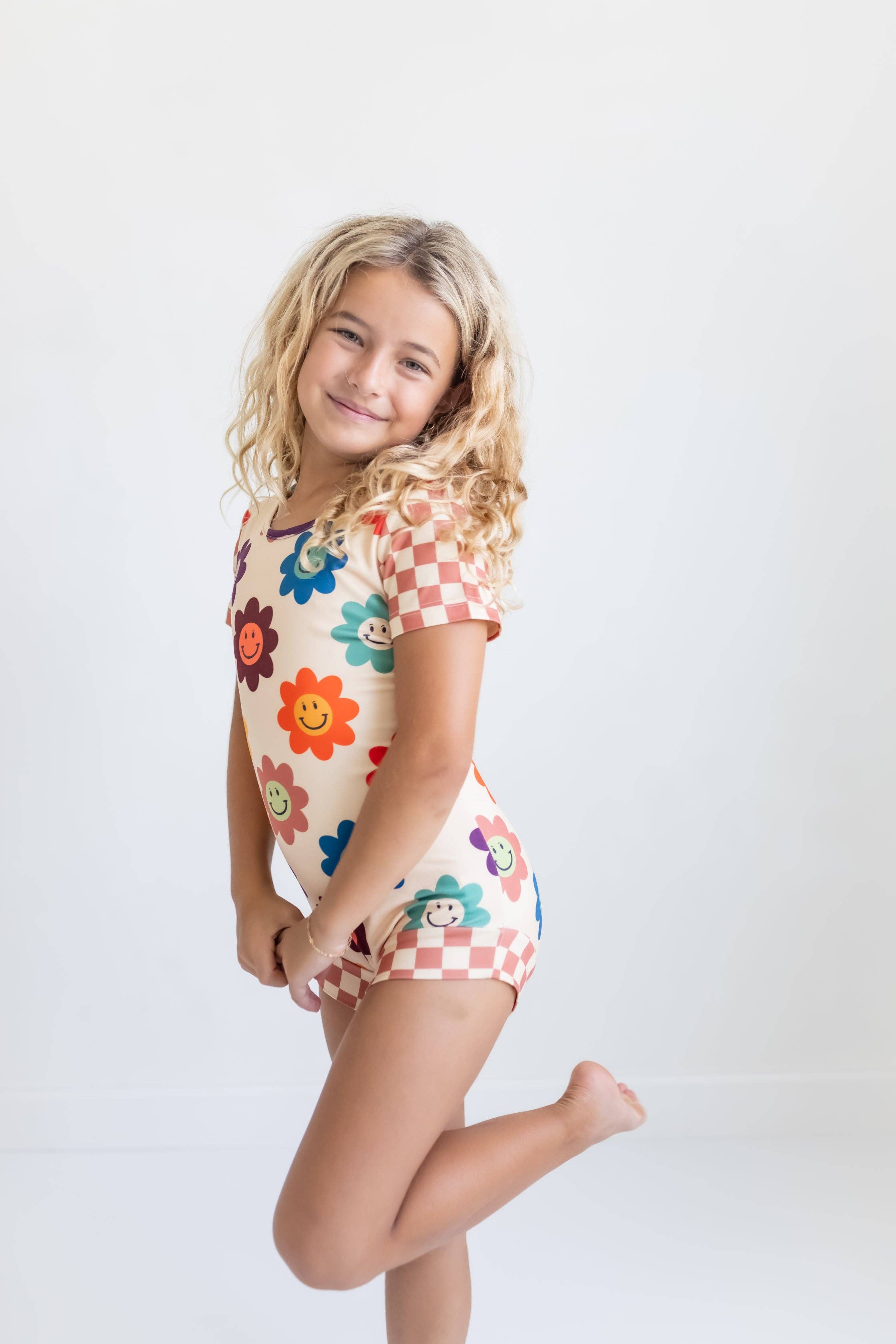 Kids Rainbow Retro Smiley Face Checkered Dance Gym Leotard