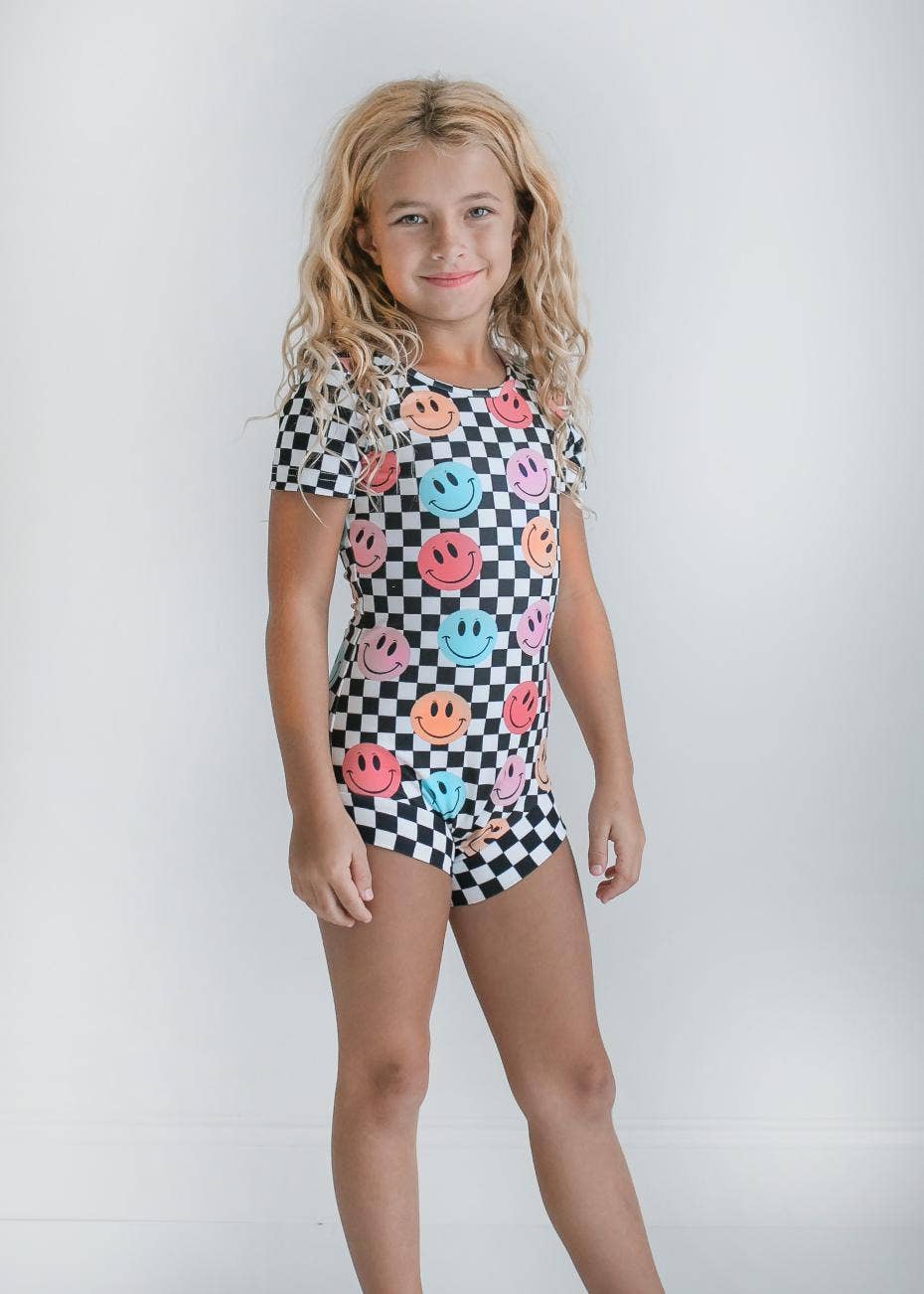 Kids Retro Smiley Face Checkered Leotard