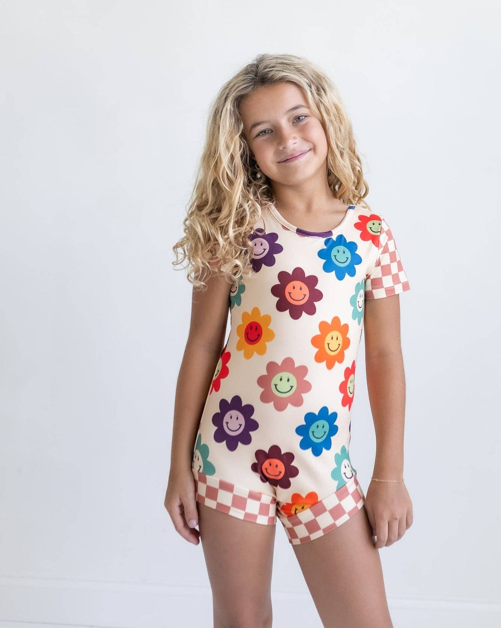 Kids Rainbow Retro Smiley Face Checkered Dance Gym Leotard