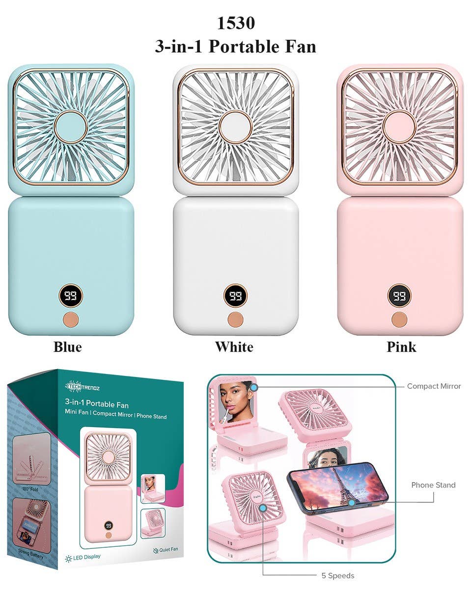 3-in-1 Portable Fan, Mirror & Phone Stand