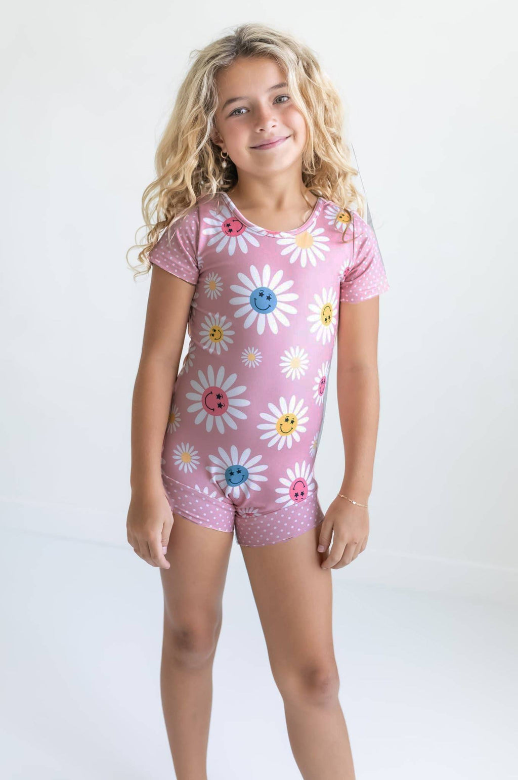 Kids Pink Dot Daisy Smiley Face Dance Gymnastics Leotard