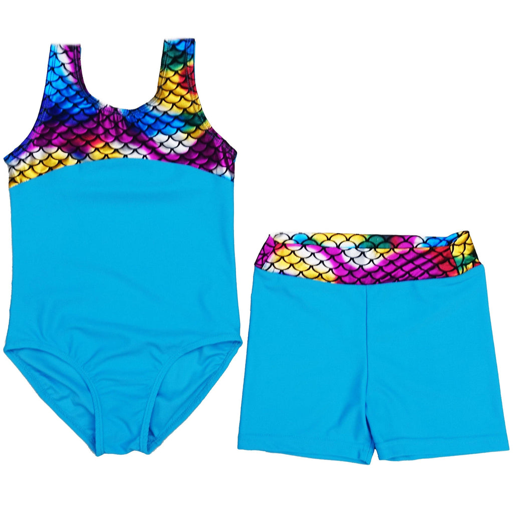 Blue Rainbow Mermaid Scale Leotard & Shorts Set