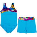 Blue Rainbow Mermaid Scale Leotard & Shorts Set