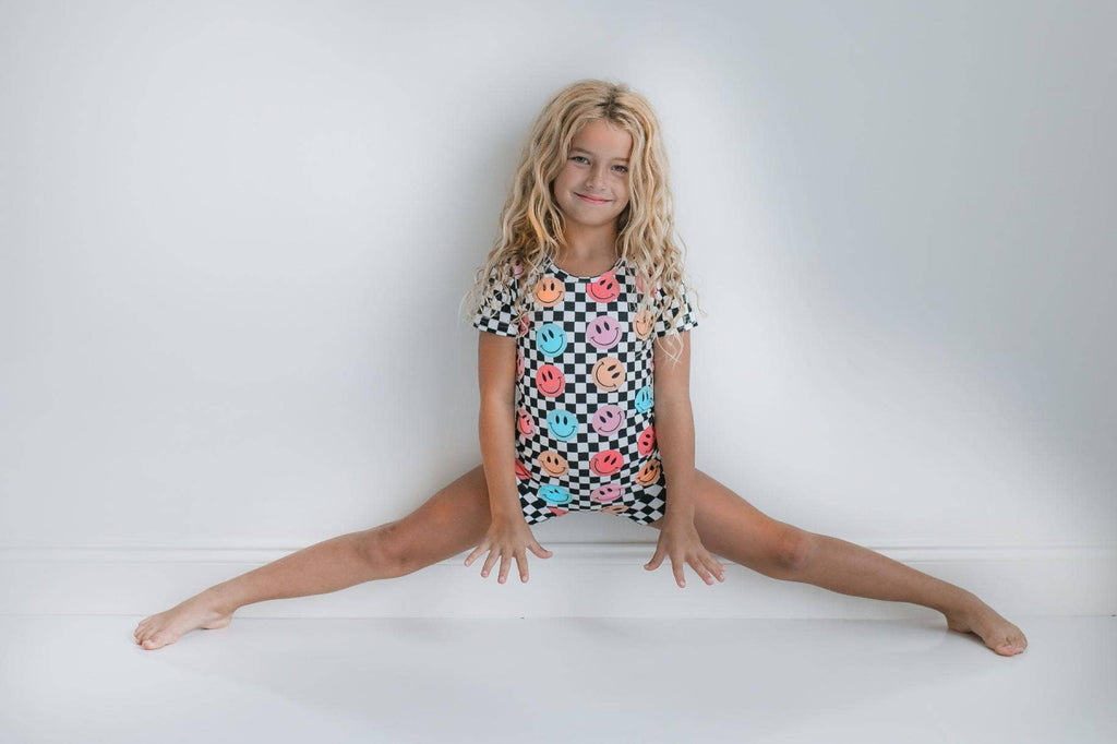 Kids Retro Smiley Face Checkered Leotard