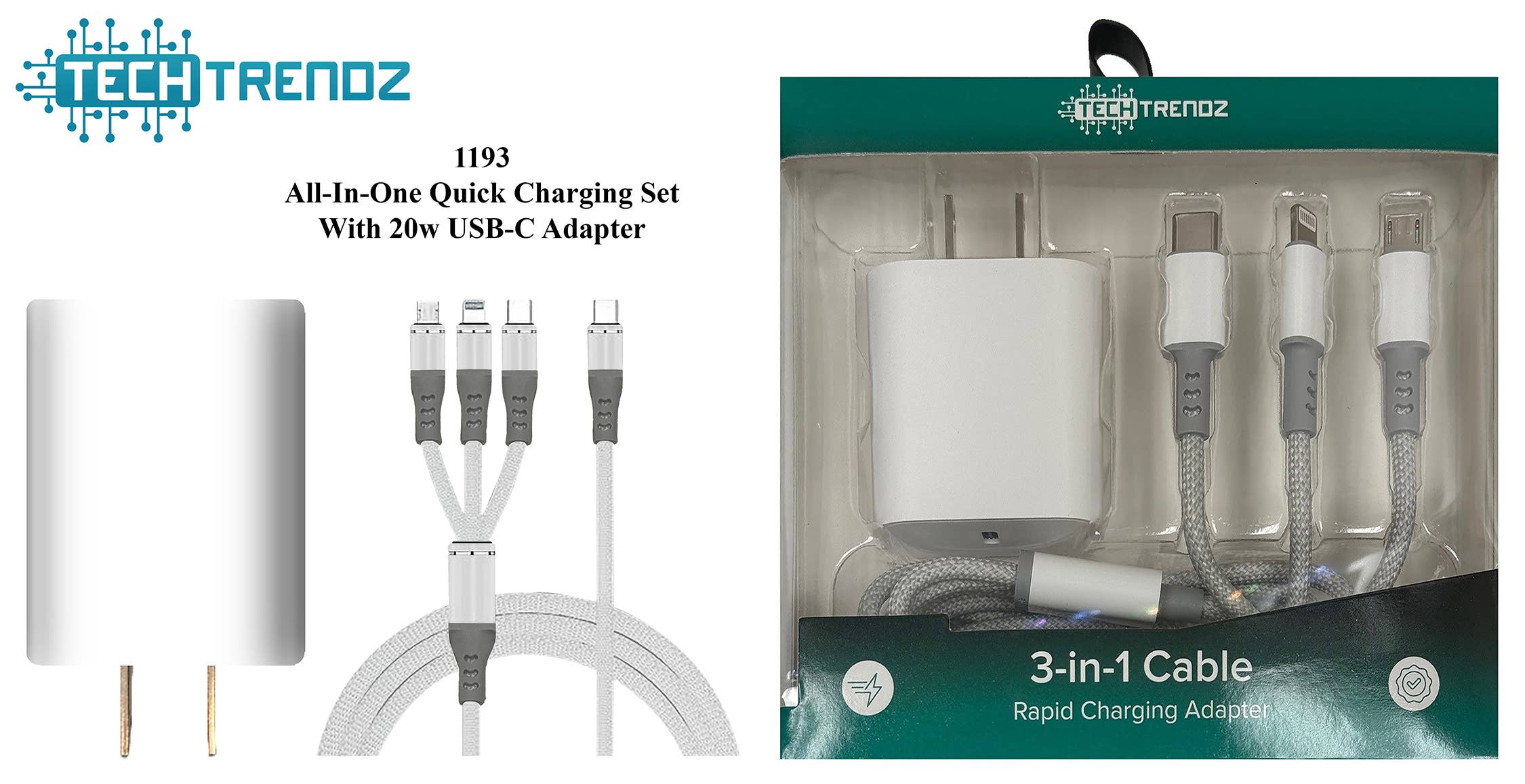 All in one quick charging cable and adapter set