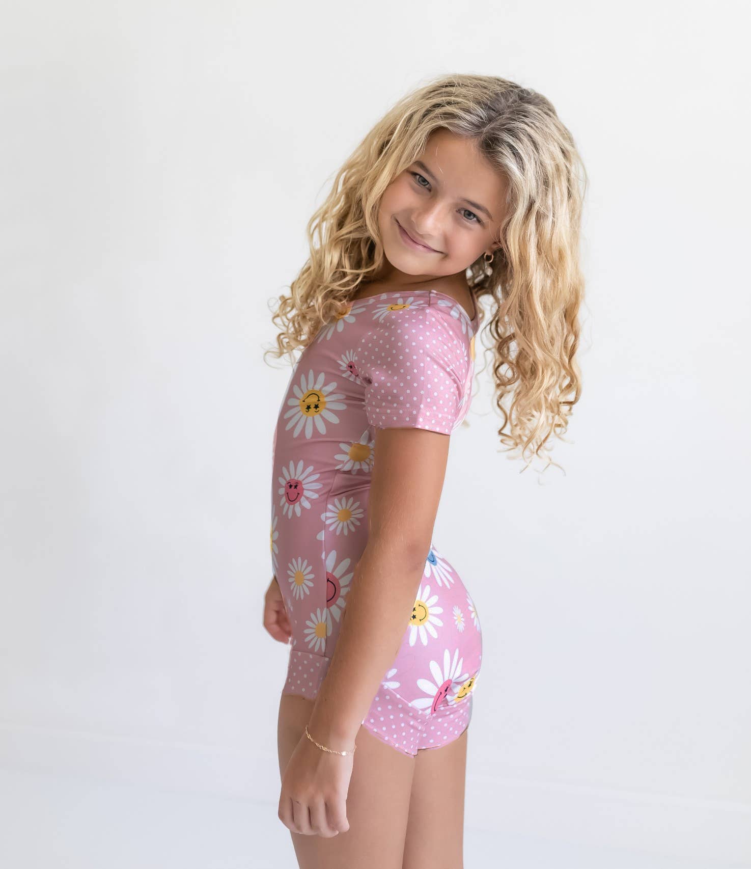 Kids Pink Dot Daisy Smiley Face Dance Gymnastics Leotard