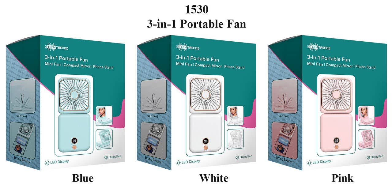 3-in-1 Portable Fan, Mirror & Phone Stand