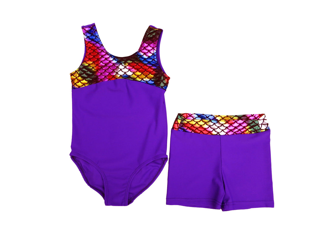 Purple Rainbow Mermaid Scale Leotard & Shorts Set
